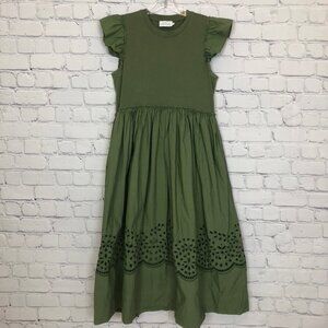 Tanya Taylor Green Eyelet Faye Dress Size S 100% Cotton Midi